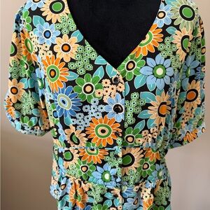 CAbi Happy Retro Blue & Orange Floral Short Sleeve Blouse Large
